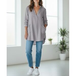 CP Shades Textured Cotton Teton Tunic Top‎ Brown Long Sleeve Gauzy Capsule Small